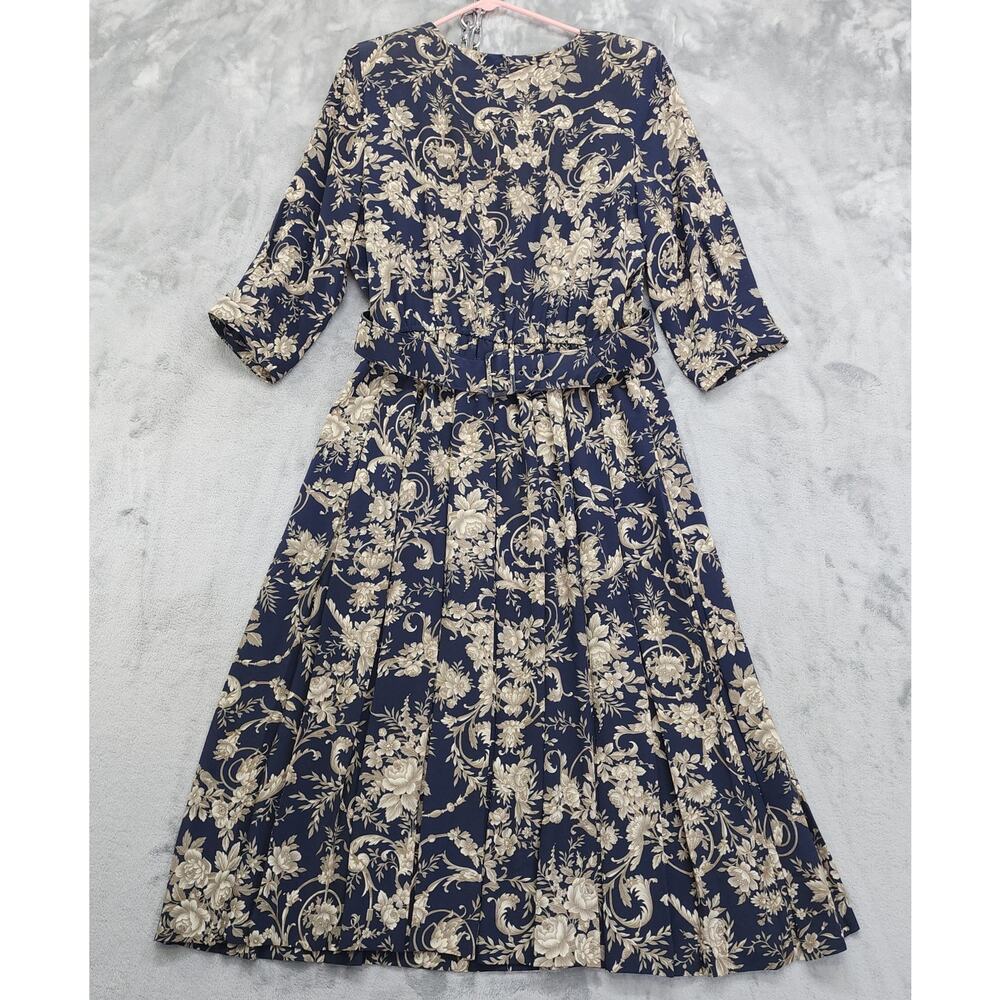 Vintage 80s Pellini by Von Bramlett Dress Size 14 Blue Tan Floral Belted Pleated